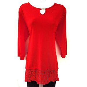 Creation - Women's Red Lace Hem Trim Blouse Dress